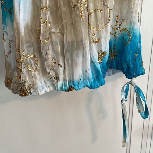 Peter Nygard turquoise & tan polyester blouse with gold spangles & embroidery - Picture 3 of 9